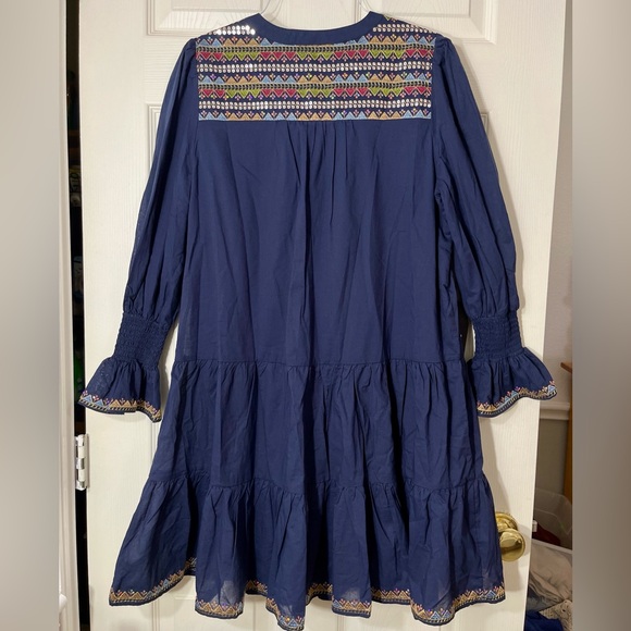 Pomander Place Embroidered Tiered Dress Navy Boho Peasant M NWT - Picture 3 of 9